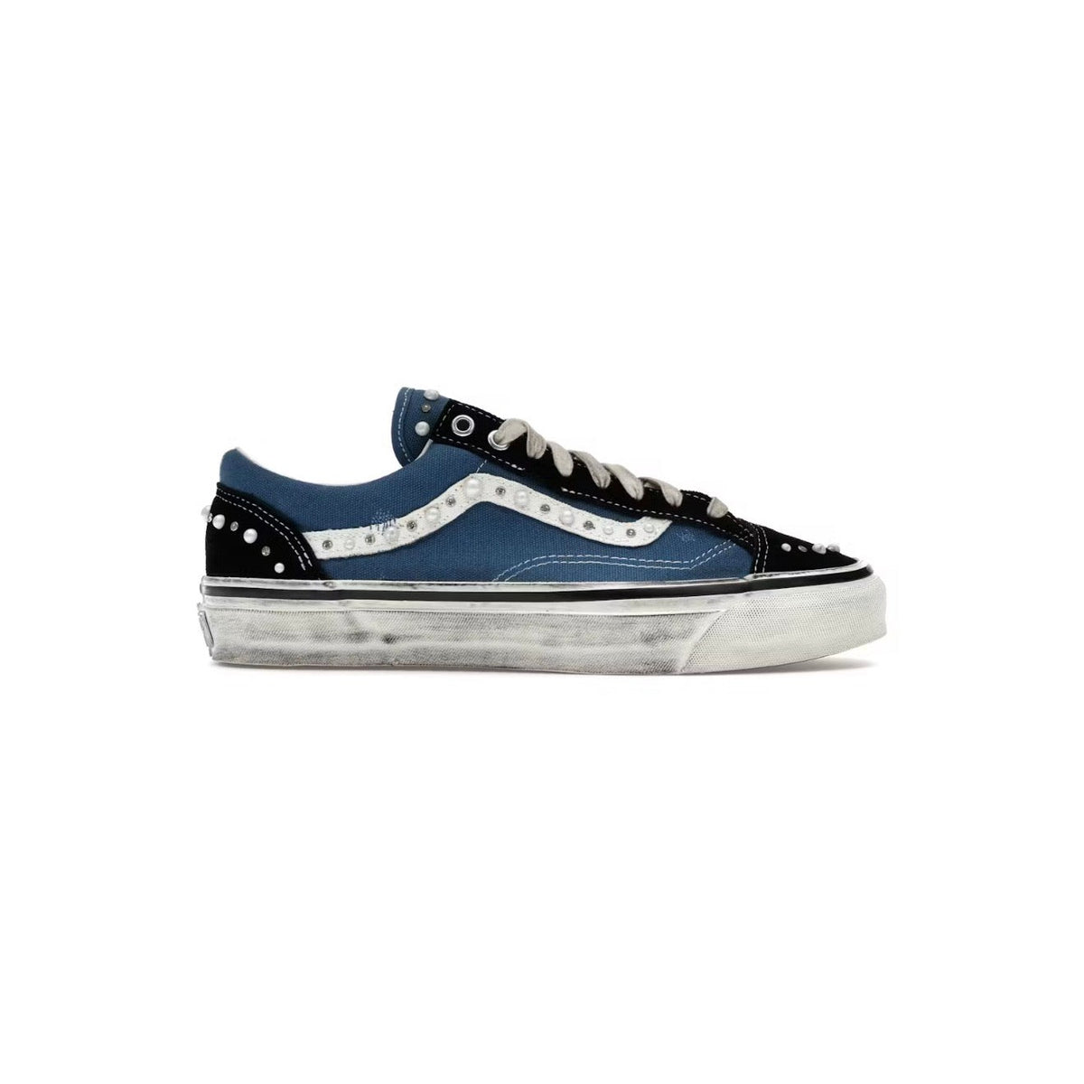 Vans Old Skool 36 Pearlized Pack sneaker, black/navy upper with pearl studs on the side stripe, distressed white sole.