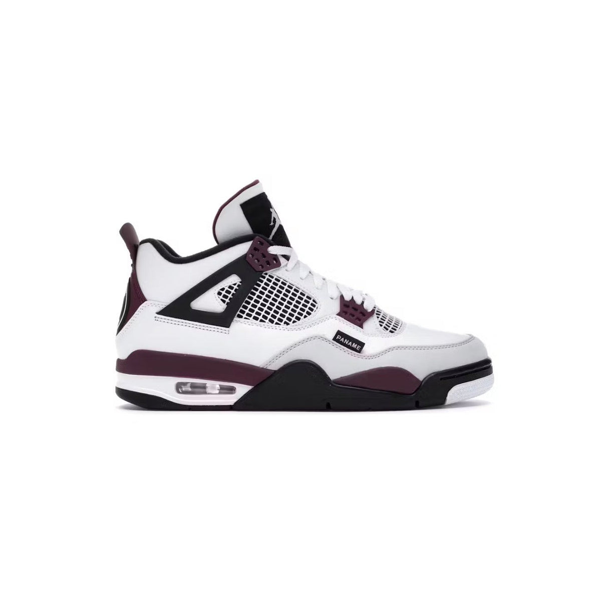 Air Jordan 4 Retro PSG sneaker: white, bordeaux, black, and grey design. Features mesh side panels, visible Air unit, and a 'PANAME' tag.