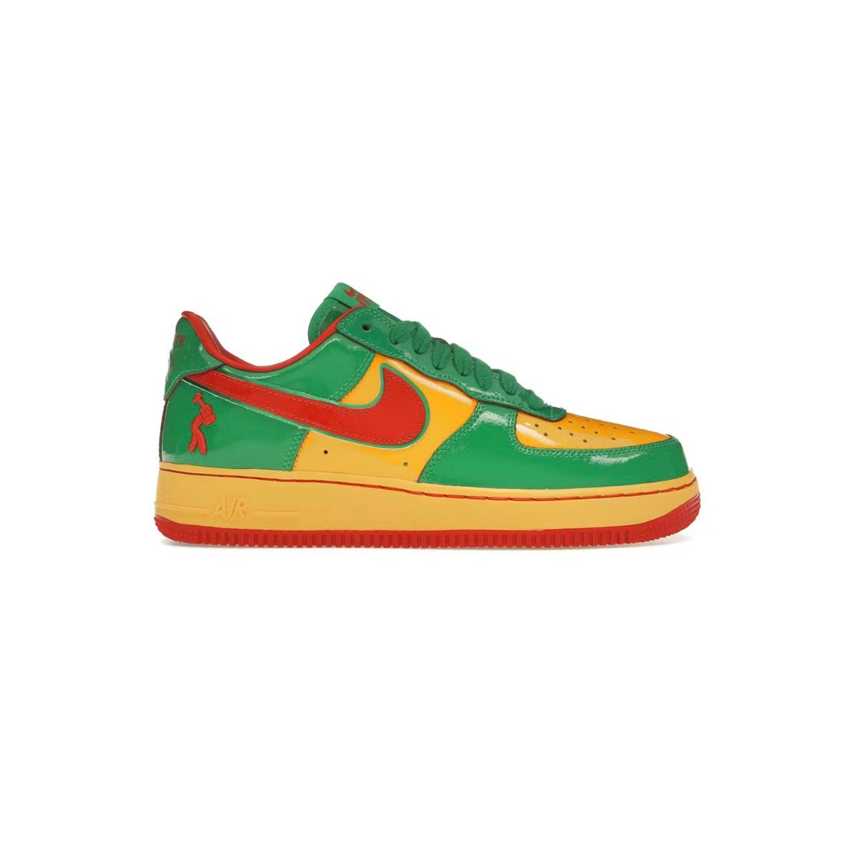 NIKE Air Force 1 Low x Lil Yachty Concrete Boys in glossy Lucky Green, yellow, and red. Features red Swoosh & heel logo, yellow midsole.